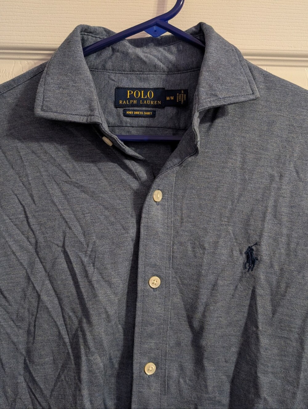 Polo Ralph Lauren Knit Dress Shirt Med Blue Pony Logo 100% Cotton Button Down